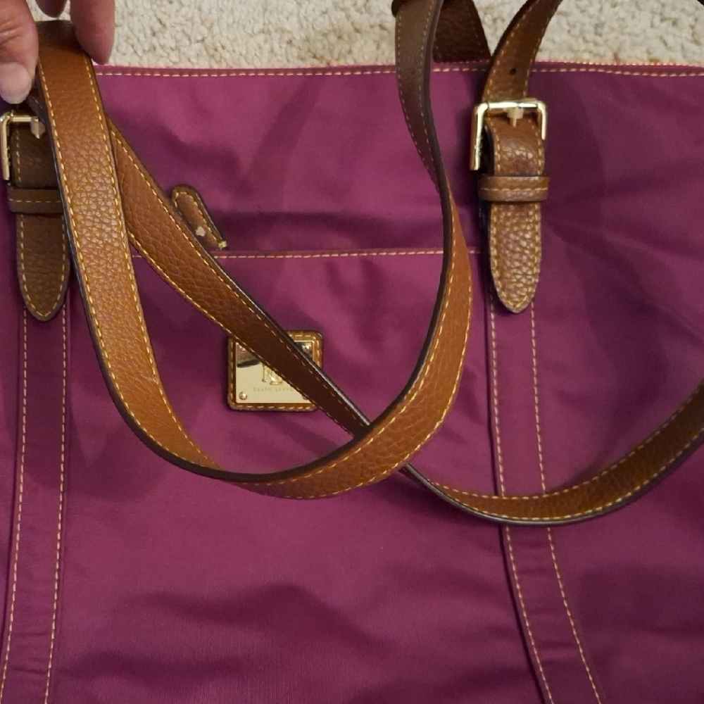 Ralph Lauren Purple Magenta Nylon Tote Shoulder Bag With Brown Straps - Picture 9 of 10